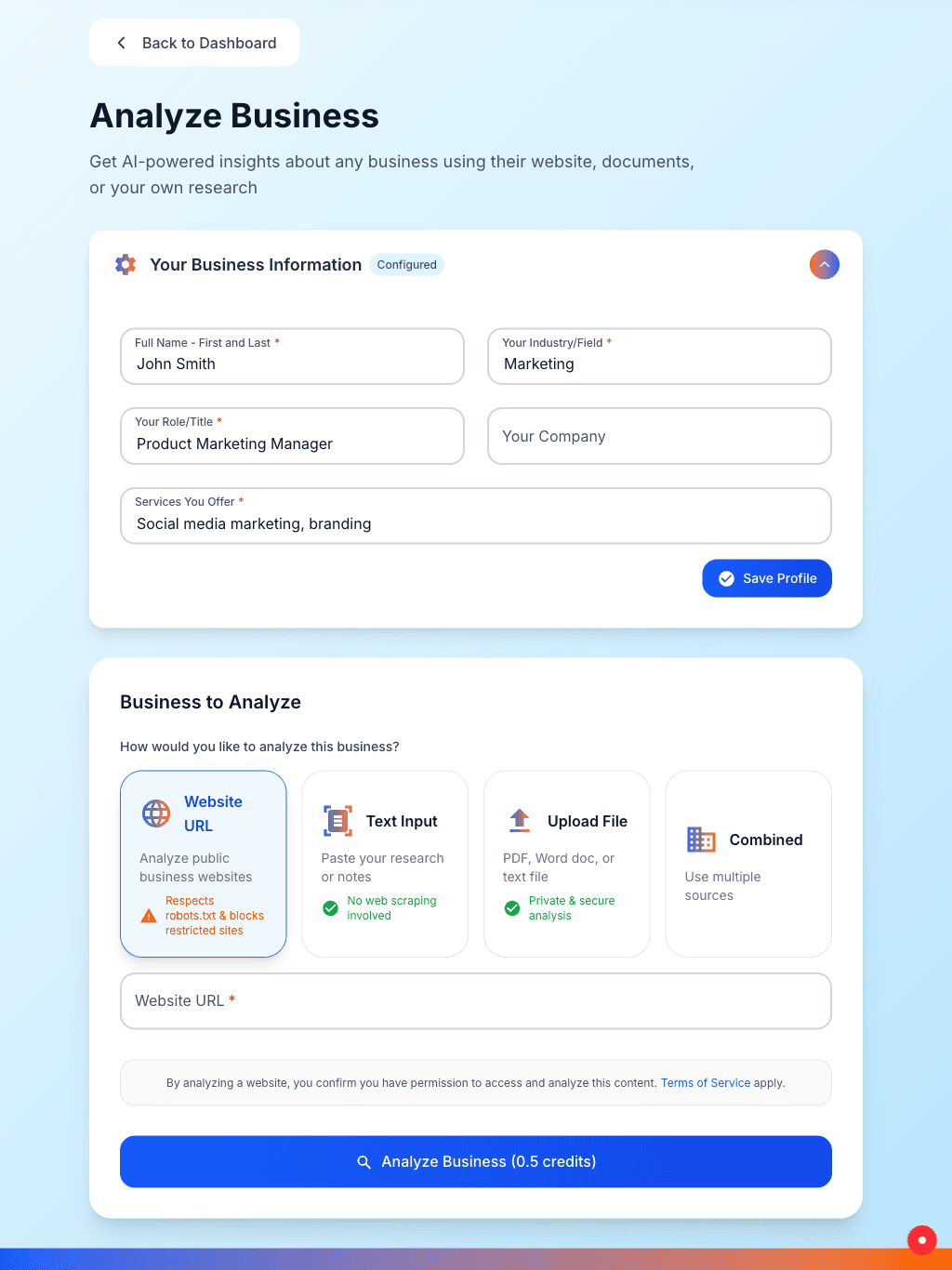 ThawMail analyze page showing website URL input, text input, file upload, and combined analysis options