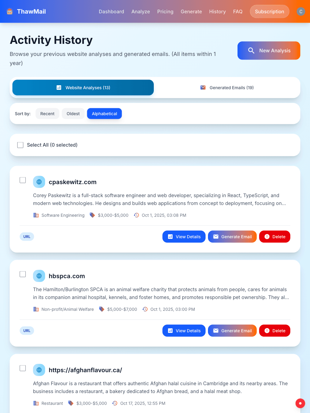 ThawMail history page showing completed analyses with business descriptions and pricing estimates